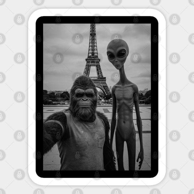 Selfie of Bigfoot and Alien in Paris-Eiffel Tower-2 Sticker by Megadorim